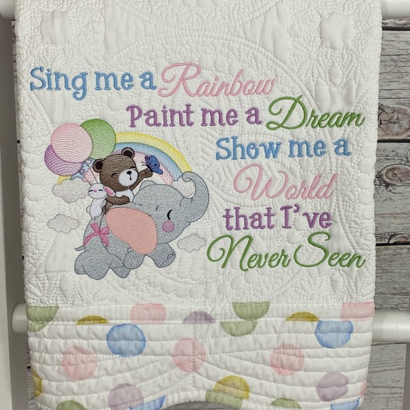 Handcrafted Embroidered heirloom baby quilt. 36x46 White with Multi dot trim.